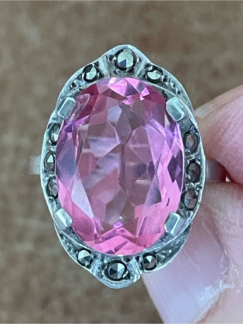 Antique Art Deco Pink Oval Synthetic or Paste Marcasite Sterling Silver Ring HB